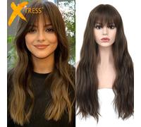 Parrucca sintetica marrone lunga della cenere dell'onda naturale con la macchina senza colla della frangia del dito fatta parrucche resistenti al calore X-TRESS il partito di Cosplay