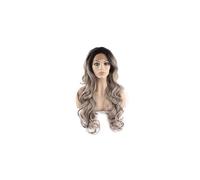 Parrucca sintetica Mxangel lunga e ondulata da celebrit , legata a mano, con pizzo frontale, nera e grigia, con due toni di grigio naturale.