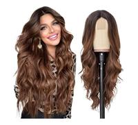 Parrucca sintetica ondulata lunga da 26 pollici, senza colla, con riga centrale, riccia, for cosplay, uso quotidiano(Ombre Brown)