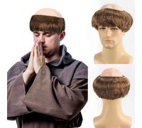 Parrucca sintetica pelata per uomo, capelli castani lisci senza cappuccio in plastica, accessori per costume da monaco per Thanksgiving, Ognissanti, campus e altri eventi. Aspetto naturale e texture l