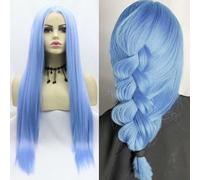Parrucca sintetica pre-pizzicata con lace front da 33 x 10,2 cm, colore celeste, lunghezza 66 cm, resistente al calore, per uso quotidiano, feste e Halloween