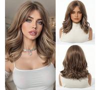 Parrucca sintetica resistente al calore con frangia a forma di otto di 14 pollici e capelli ricci di media lunghezza fino alle spalle, adatta per donne, ideale come regalo per festival musicali Fibra 