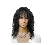 Parrucca sintetica riccia da uomo da 45 cm, stile rocker anni '70 e '80, con frangia, for costume cosplay di Halloween Attaccatura Capelli Sottile(Black)