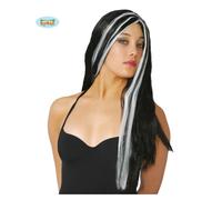 Parrucca Strega Nera Meches Bianche Morticia Addams Accesori Carnevale