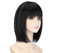 Parrucca, toupet con clip in stile Bobo con parte centrale dritta, con frangia pulita, 30 cm, testa di ricambio, parrucca sintetica naturale (nero con riflessi verdi)