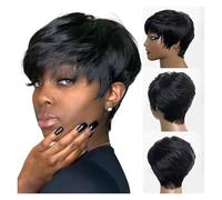 Parrucca Umana Prepizzicata Senza Colla, Pronta For L'uso, Parrucche Fatte A Macchina, Corte Con Taglio Pixie, Capelli Umani Frangia For Le Donne Nere Facile Da Indossare(150%)
