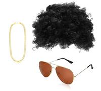 Parrucca Uomo Anni 80 e 70 3 Pezzi con Occhiali e Collana Parrucca Riccia Nera Parrucca Hippie Afro per Hippy Accessori Anni 70 Festa di Martedì Grasso Accessori
