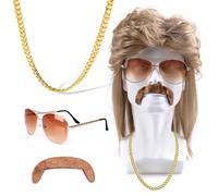 Parrucca Uomo Anni 80 Set di Costumi Hippie Parrucca Bionda Occhiali da Sole Collana Barba Finta per Cosplay Halloween Carnevale Costume Tema Party