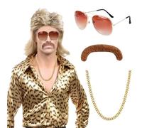 Parrucca Uomo Anni 90 80 70- Parrucca Bionda Lunga Carnevale- Costumi Accessori Anni 80 Parrucche Rock Riccia- Barba Finta Occhiali Sole Collana- Cosplay Parrucchino Tema Festa Cattivo Gusto