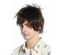 Parrucca Uomo Donna Corto Capelli Cotonati Wilde Meches 80s Retrò Castano Medio