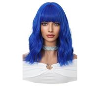 Parrucca verde con frangia, corta, ondulata e riccia, con parrucche verde chiaro for donna, sintetica, resistente al calore, for costumi di Halloween e cosplay quotidiani.(Blue)