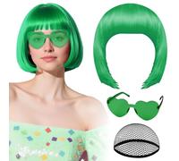 Parrucca verde con occhiali da sole a cuore e cuffia per capelli da donna, parrucche corte PLULON, sintetiche, colorate, divertenti, per cosplay, per donne, costume da addio al nubilato, Halloween