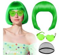Parrucca verde con occhiali da sole a cuore e cuffia per capelli da donna PLULON Parrucche corte a caschetto sintetiche colorate divertenti per cosplay addio al nubilato festa in costume di Halloween
