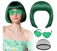 Parrucca verde scuro con occhiali da sole a cuore e cuffia per capelli da donna parrucche corte PLULON sintetiche colorate divertenti per cosplay per donne costume da addio al nubilato Halloween