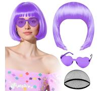 Parrucca viola chiaro con occhiali da sole a cuore e cuffia per capelli da donna, parrucche corte PLULON, sintetiche, colorate, divertenti, per cosplay, costumi di Halloween da addio al nubilato