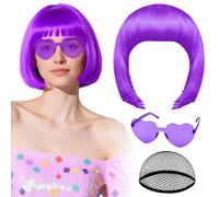 Parrucca viola con occhiali da sole a cuore e cuffia per capelli da donna, PLULON Parrucche corte sintetiche colorate divertenti per cosplay per donne e uomini Addio al nubilato Halloween