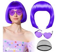Parrucca viola scuro con occhiali da sole a cuore e cuffia per capelli da donna PLULON Parrucche corte a caschetto sintetiche colorate divertenti per cosplay costume da addio al nubilato di Halloween