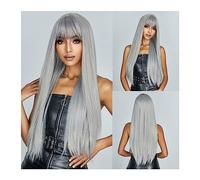Parrucche 65cm/26 pollici parrucca sintetica lunga e liscia con frangia parrucca bionda grigia mista per cosplay per donne festa capelli in fibra a(Parrucca-WL1085-7
