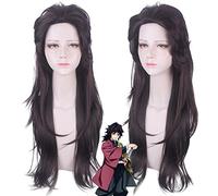 Parrucche Anime Kamado Tanjirou Parrucche Kimetsu No Yaiba Demone Uccisore Parrucca Cosplay Arricciatura lunga Capelli sintetici marroni Parrucca da festa + Parrucca Cap