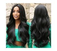 Parrucche anteriori in pizzo Capelli umani Parrucche nere sintetiche lunghe Parte centrale Parrucca for capelli ondulati scuri naturali for donne Quotidiano Festa Cosplay Fibra resistente al calore Pa