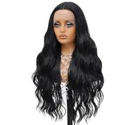Parrucche anteriori in pizzo sintetico riccio lungo ondulato, parrucca senza colla da donna con onda del corpo, dall'aspetto naturale for l'uso quotidiano 28 pollici Soffice e Naturale(Black)