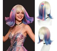 Parrucche arricciate a onde corte per ragazze con capelli bionda rosa blu cosplay Halloween costume, riga laterale con due forcine