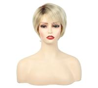 Parrucche bionde corte da 10 pollici con taglio pixie for donne Parrucche soffici a strati con radici scure