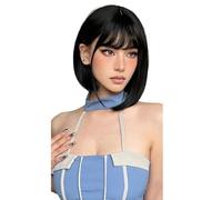 Parrucche Bob corte da 12'' con frangia for donna, parrucca sintetica alla moda for tutti i giorni Soffice e Naturale(Black)