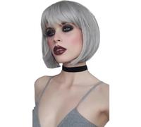 Parrucche Bob corte da 12'' con frangia for donna, parrucca sintetica alla moda for tutti i giorni Soffice e Naturale(Grey)