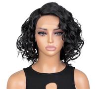 Parrucche bob ondulate corte con taglio pixie da 12 pollici 13x6x1 parte C parrucche anteriori in pizzo for capelli umani for le donne(Black)