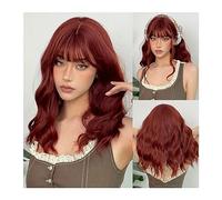 Parrucche Capelli Umani Parrucca riccia marrone rosso di media lunghezza con frangia Parrucche sintetiche for capelli naturali ondulati Cosplay for donna Fibra resistente al calore quotidiana Parrucch
