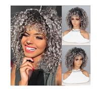 Parrucche Capelli Umani Parrucche ricci afro crespi con frangia for parrucche sintetiche capelli naturali parrucca grigio argento Cosplay fibra resistente al calore Parrucche per Donne