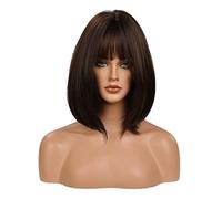 Parrucche castano scuro con frangia, parrucche con fascia fatte a macchina, capelli lisci, parrucca sintetica corta per donna, uso quotidiano regolabile