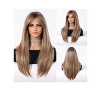 Parrucche Chestnut Brown Synthetic Daily Wig Heat Resistant with Bangs Long Straight Natural Layered Hair Smooth Soft Acconciatura realistica