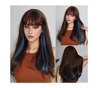 parrucche con frangia ordinata per le donne Parrucche sintetiche lunghe ondulate for cosplay con frangia Parrucca for capelli a onde naturali blu misto marrone for donne Afro Party resistente al calor
