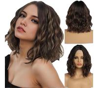 Parrucche con mèches marroni per donne, lunghezza spalle corta da 14 pollici, parte centrale, ricce e ondulate, parrucca bionda, dall'aspetto naturale, in fibra sintetica resistente al calore