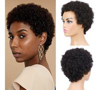 Parrucche corte afro crespe ricci per donne, parrucca piena e soffice, realizzata a macchina, capelli umani taglio pixie, dall'aspetto naturale, senza colla, colore nero (afro)