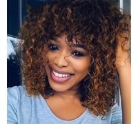 Parrucche Corte Afro Kinky Curly Bob 100% Capelli Umani Con Frangia Per Donna Parrucche Brasiliane Remy Hair Ombre Brown