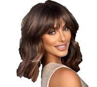 Parrucche corte Bob per donne castano scuro con riflessi biondi ondulate con frangia capelli sintetici naturali resistenti al calore per uso quotidiano e cosplay 14 pollici(13in)