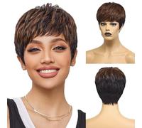 Parrucche corte Bob per donne castano scuro con riflessi biondi ondulate con frangia capelli sintetici naturali resistenti al calore per uso quotidiano e cosplay 14 pollici