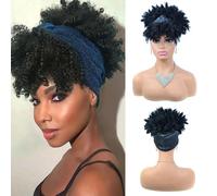 Parrucche corte con fascia riccia crespa Parrucca con fascia riccia afro per donna Parrucca avvolgente con turbante sintetico naturale Cosplay Uso quotidiano KQLS-1B