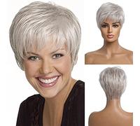 Parrucche corte da donna con capelli umani grigi argentati, miscela naturale Pixie Cut parrucca con frangia, leggera, lunga durata, pronta da indossare, uso quotidiano