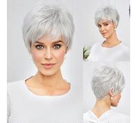 Parrucche corte da donna con taglio pixie biondo chiaro misto bianco sporco con frangia, consistenza simile ai capelli umani, capelli naturali a strati, 10 pollici, 180%, SS9010