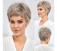 Parrucche corte da donna con taglio pixie biondo chiaro misto bianco sporco con frangia, consistenza simile ai capelli umani, capelli naturali a strati, 10 pollici, 180%, SS9011