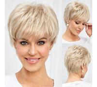 Parrucche corte da donna con taglio pixie biondo chiaro misto bianco sporco con frangia, consistenza simile ai capelli umani, capelli naturali a strati, 10 pollici, 180%, SS9006
