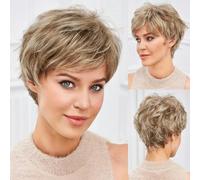 Parrucche corte da donna con taglio pixie biondo chiaro misto bianco sporco con frangia, consistenza simile ai capelli umani, capelli naturali a strati, 10 pollici, 180%, SS9009