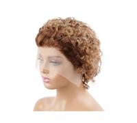 Parrucche corte e ricce for capelli umani da 6 pollici, taglio Pixie Bob, parrucche senza colla for donne, pizzo da 13x1 pollice, densità 180(Brown light blonde)