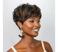 Parrucche corte e ricce per donne nere, parrucca Pixie Cut per donne, parrucca nera con frangia, parrucche sintetiche ondulate naturali per donne