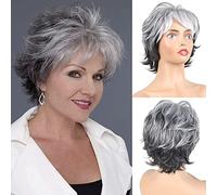 Parrucche corte grigie per donne bianche, parrucca tagliata pixie con frangia parrucche per capelli grigi per le donne parrucca sintetica per capelli ricci grigi Ombre parrucche grigie Pixie per donne