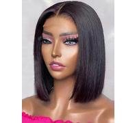 Parrucche corte lisce per capelli umani per donne nere Parrucche brasiliane con parte in pizzo Parrucche con parte centrale laterale per donne castane-13 * 4 Parrucca frontale-12 POLLICI-150%-#1B
